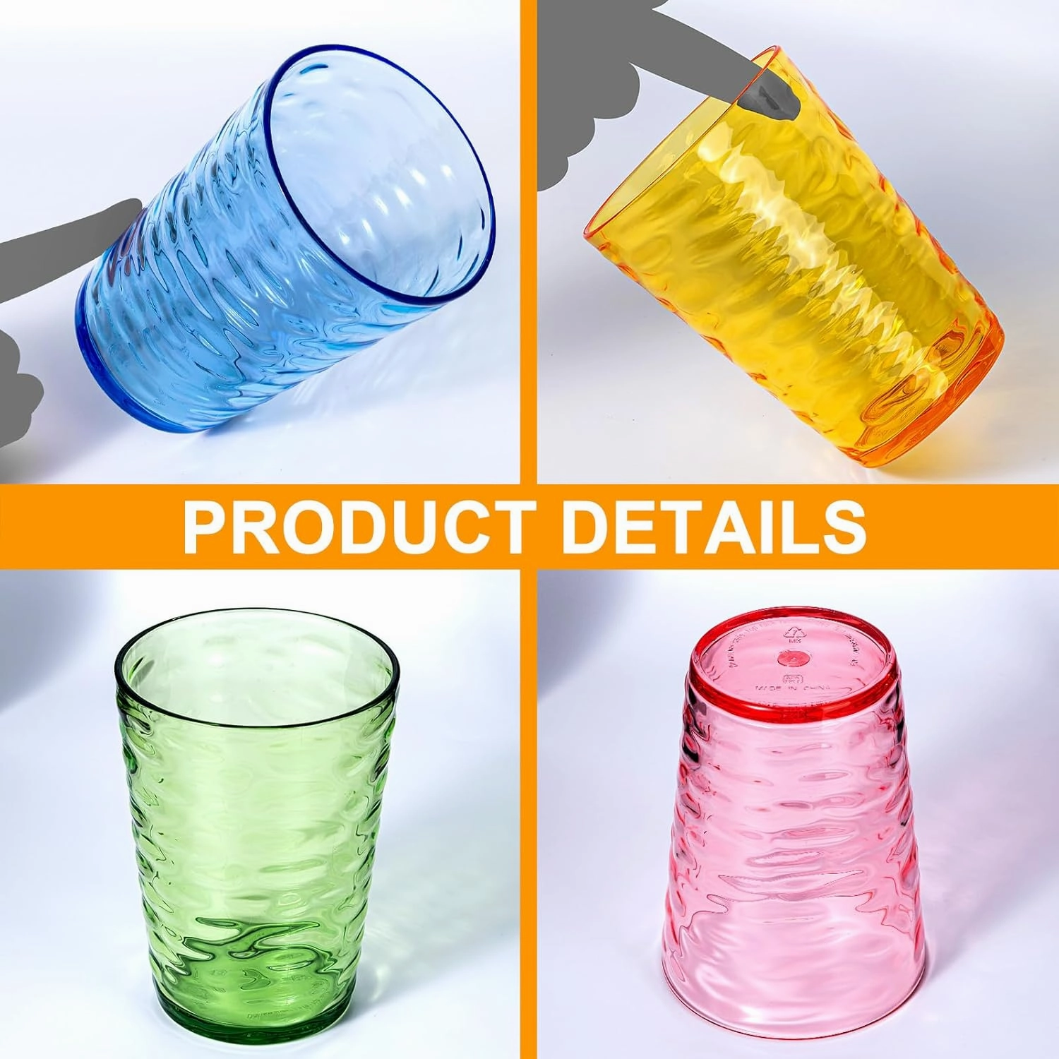 KX-WARE 15-Ounce Plastic Tumblers (Set of 8 Multicolor), Iceberg Drinking Glasses, Rocks, Reusable Plastic Cups, Stackable, BPA-Free, Shatter Resistant, Dishwasher Safe