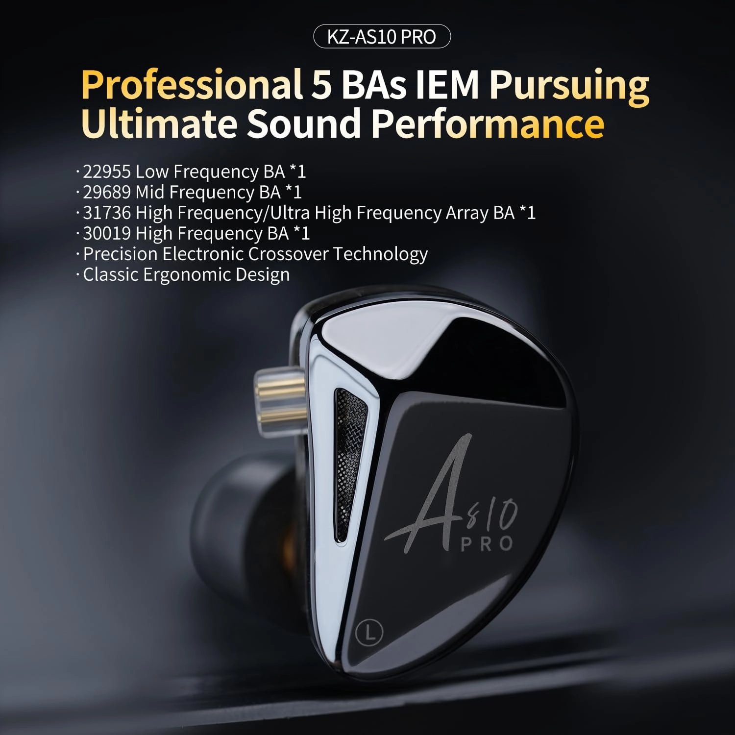 KZ AS10 PRO Wired Earbuds, Pure 5 BA HiFi KZ in-Ear Monitor,IEM Earphone,Musician in Ear Monitor Headphone High Fidelity HiFi Headset 2 Pin Detachable Cable for Audiophile (No Microphone, Dark Black)