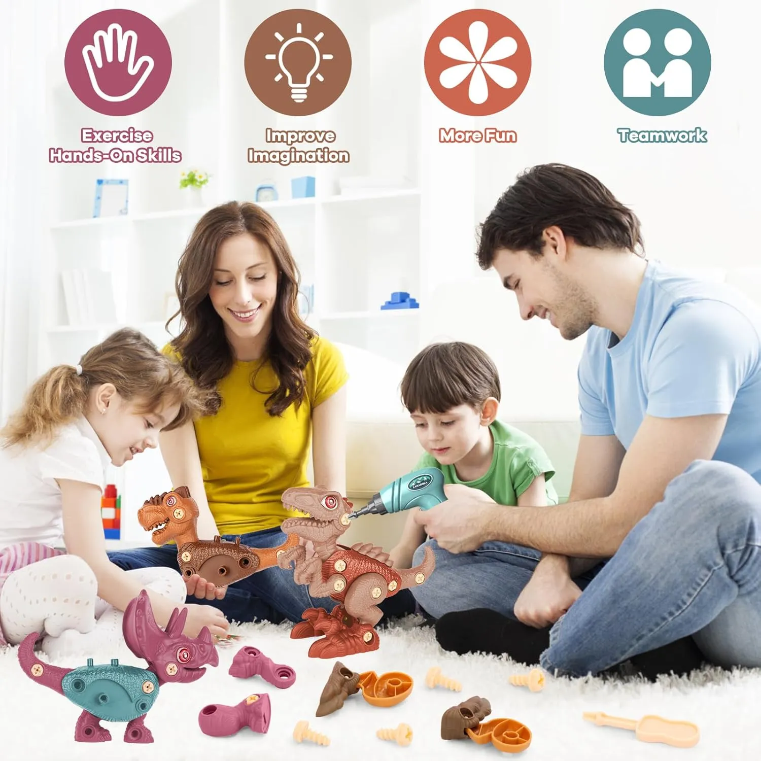 Laradola Dinosaur Toys for Kids Aged 3 4 5 6 7 8 Year Old, Kid Boys Girls, Take Apart STEM Construction Building with Electric Drill, Party Christmas Birthday Gifts Blush Pink RS009-2