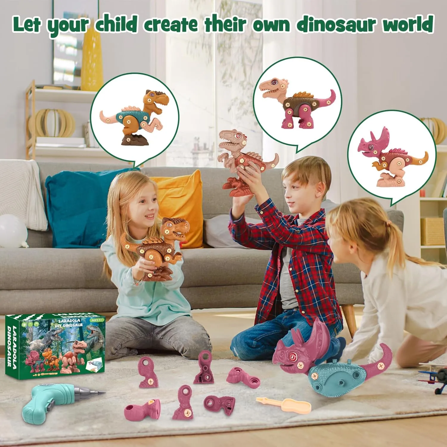 Laradola Dinosaur Toys for Kids Aged 3 4 5 6 7 8 Year Old, Kid Boys Girls, Take Apart STEM Construction Building with Electric Drill, Party Christmas Birthday Gifts Blush Pink RS009-2