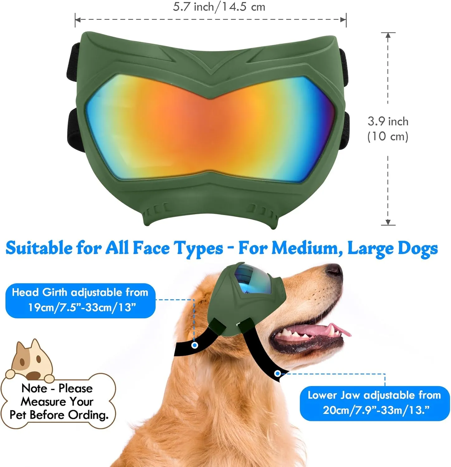 Large Dog Sunglasses Dog Goggles Pet Glasses Pet Eyewear with Adjustable Strap, Glasses for Medium Large Dog Swimming Skating Glasses Windproof Dustproof UV Proof (Green-Coloful)