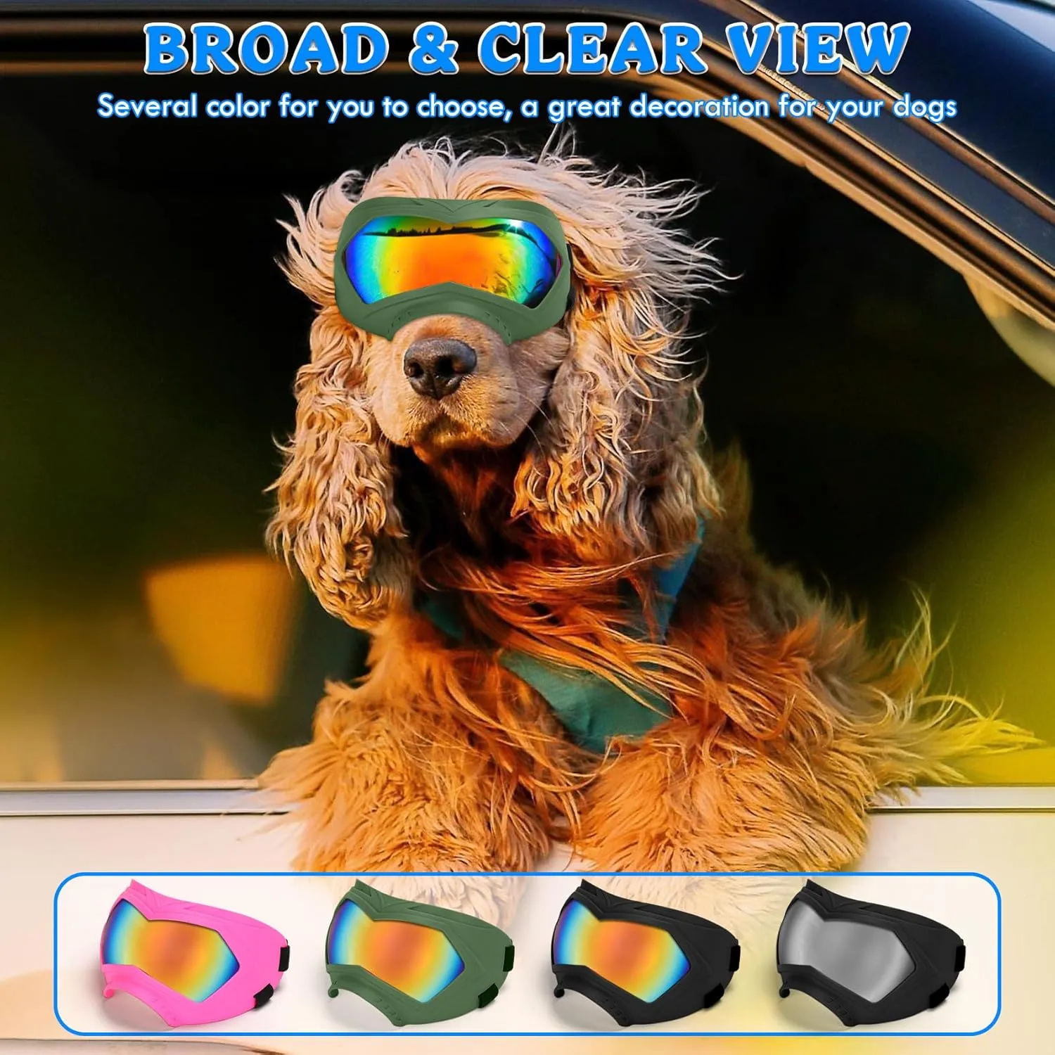 Large Dog Sunglasses Dog Goggles Pet Glasses Pet Eyewear with Adjustable Strap, Glasses for Medium Large Dog Swimming Skating Glasses Windproof Dustproof UV Proof (Green-Coloful)