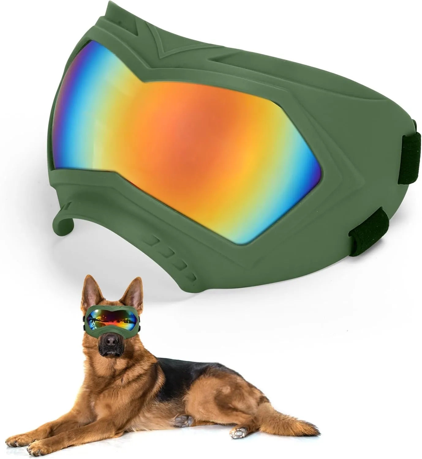 Large Dog Sunglasses Dog Goggles Pet Glasses Pet Eyewear with Adjustable Strap, Glasses for Medium Large Dog Swimming Skating Glasses Windproof Dustproof UV Proof (Green-Coloful)