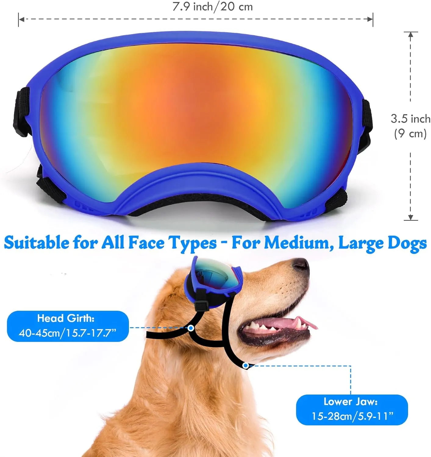 Large Dog Sunglasses Dog Goggles Pet Glasses Pet Eyewear with Adjustable Strap,Glasses for Medium Large Dog Swimming Skating Glasses UV Proof Windproof Dustproof