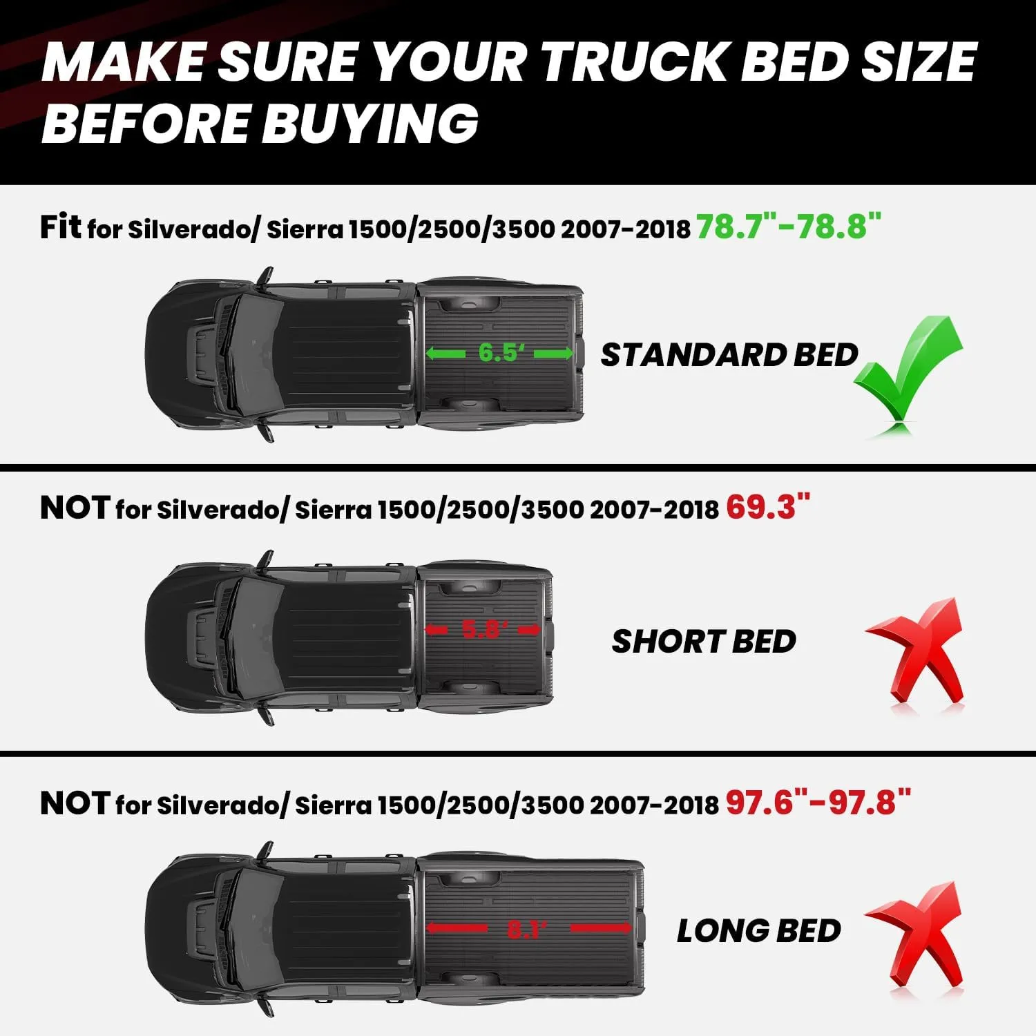 LASFIT Bed Mat (Fit 6.5FT, 78.8" Bed, Not Fit 5.8 FT/8.1FT Bed) for Chevrolet Silverado/GMC Sierra 1500 2007-2018 (2007 New Body Only) & SLV/SRA 2500HD 2007-2019 (2007 New Body Only)& 3500HD 2011-2019