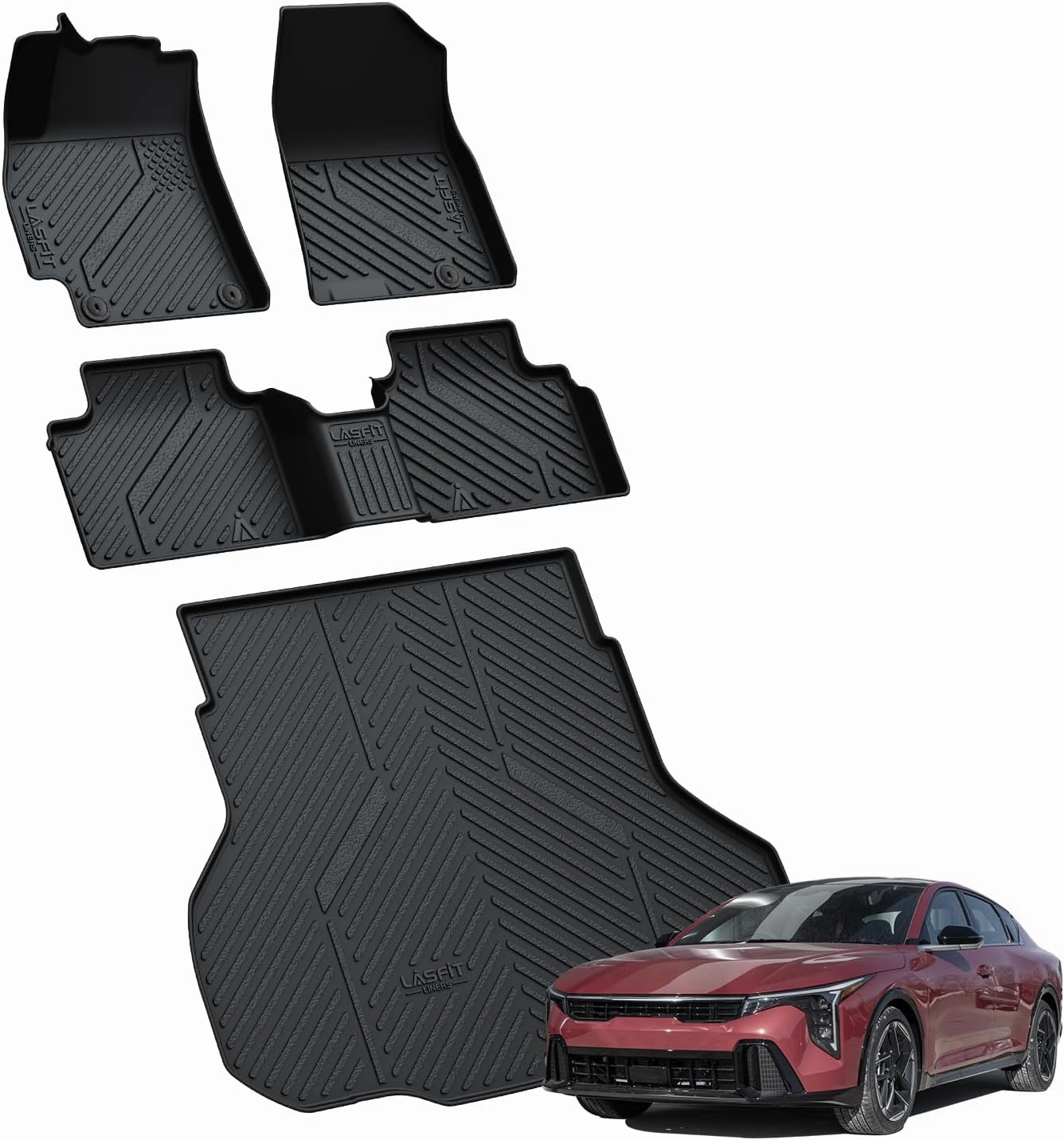 LASFIT Floor Mats & Cargo Mats for KIA K4 2025 All Weather TPE Custom Fit Floor Liner for Kia K4 for 1st & 2nd Row Full Set Car Mats and Trunk Mats, Black