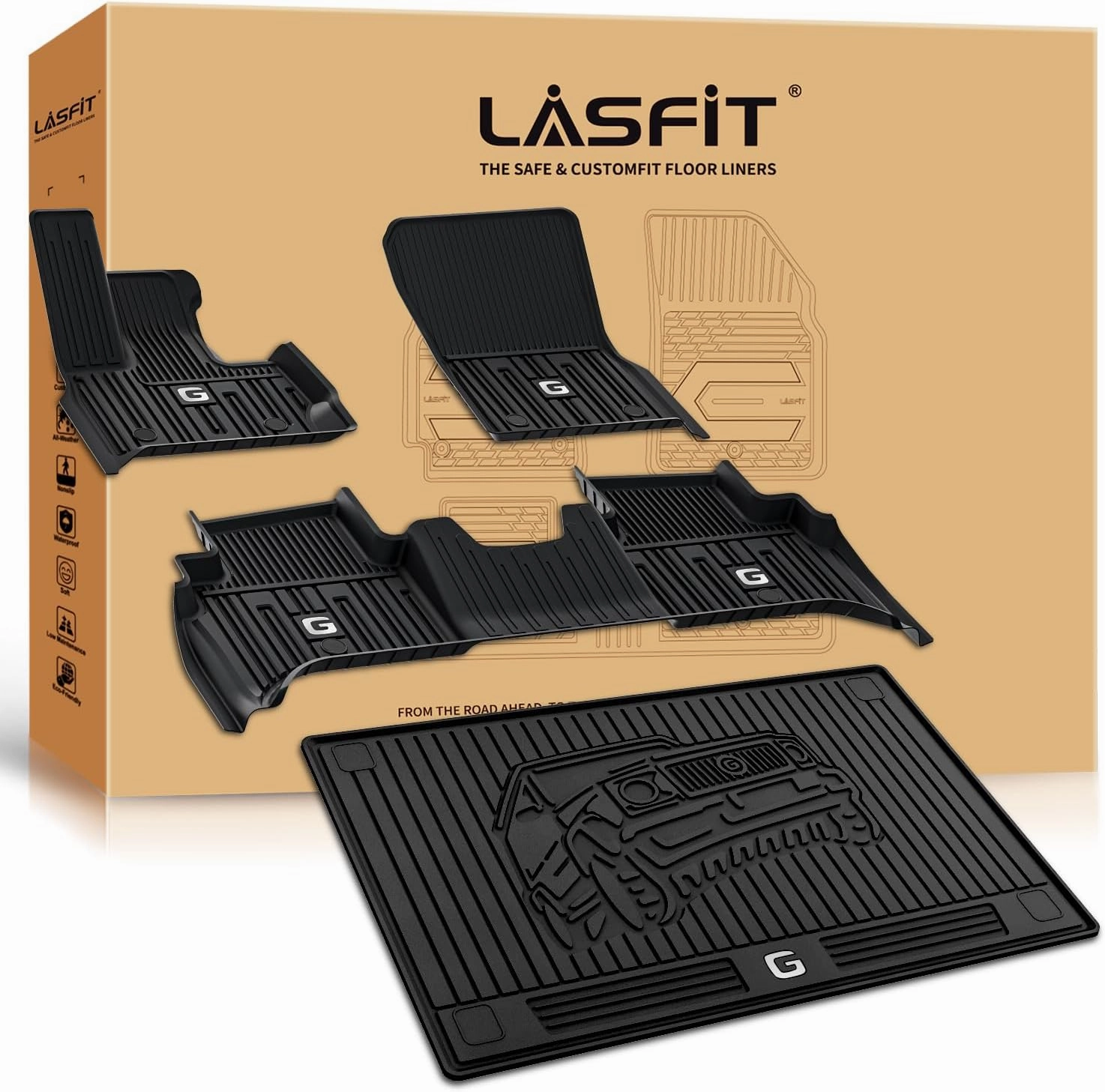 LASFIT Floor Mats & Trunk Mat for Mercedes Benz G Class 2025 2024 2023 2022-2019 G550/G580/G63 AMG SUV, All Weather TPE Custom Fit Car Liners,1st & 2nd Row Floor Mats & Cargo Liner,Black