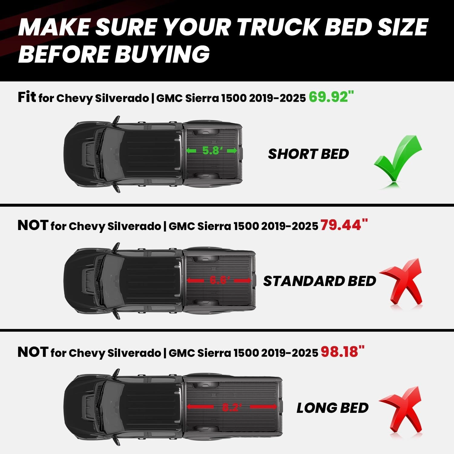 LASFIT Truck Bed Mat for Chevrolet Chevy Silverado | GMC Sierra 1500 (5.8FT, 69.92" Bed) 2019-2025 Car Bed Liner for Chevy Silverado GMC Sierra 1500 All Weather Protector TPE Bed Mat - 1PC Black