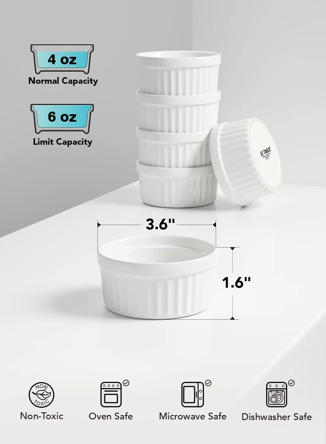 LE TAUCI Ramekins 4 OZ Oven Safe, Creme Brulee Ramekins, Pudding Custard Cups Souffle Ramiken, Dipping Sauce Dishes, Ceramic Ramekin Bowls Set of 6, White