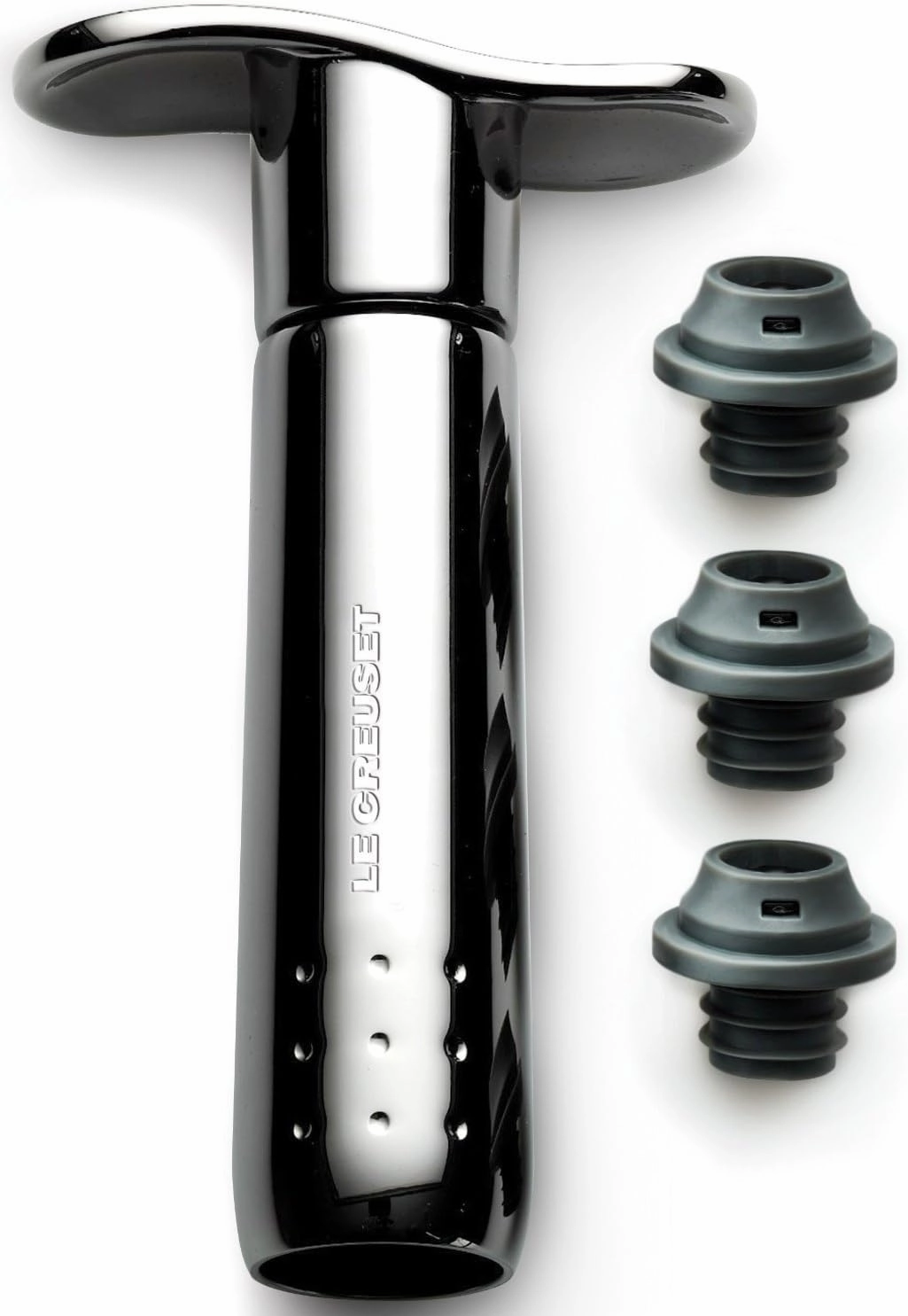 Le Creuset Wine Pump and 3 Stoppers, Black Nickel