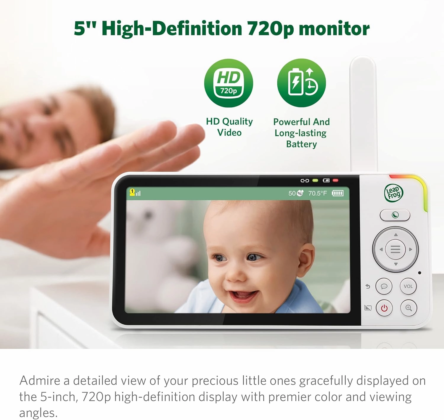 LeapFrog LF915HD Baby Monitor, 5” 720p Screen, 360° Pan & Tilt with 8X Zoom Camera, Color Night Vision, Night Light, Two-Way Intercom, Secure Transmission No WiFi