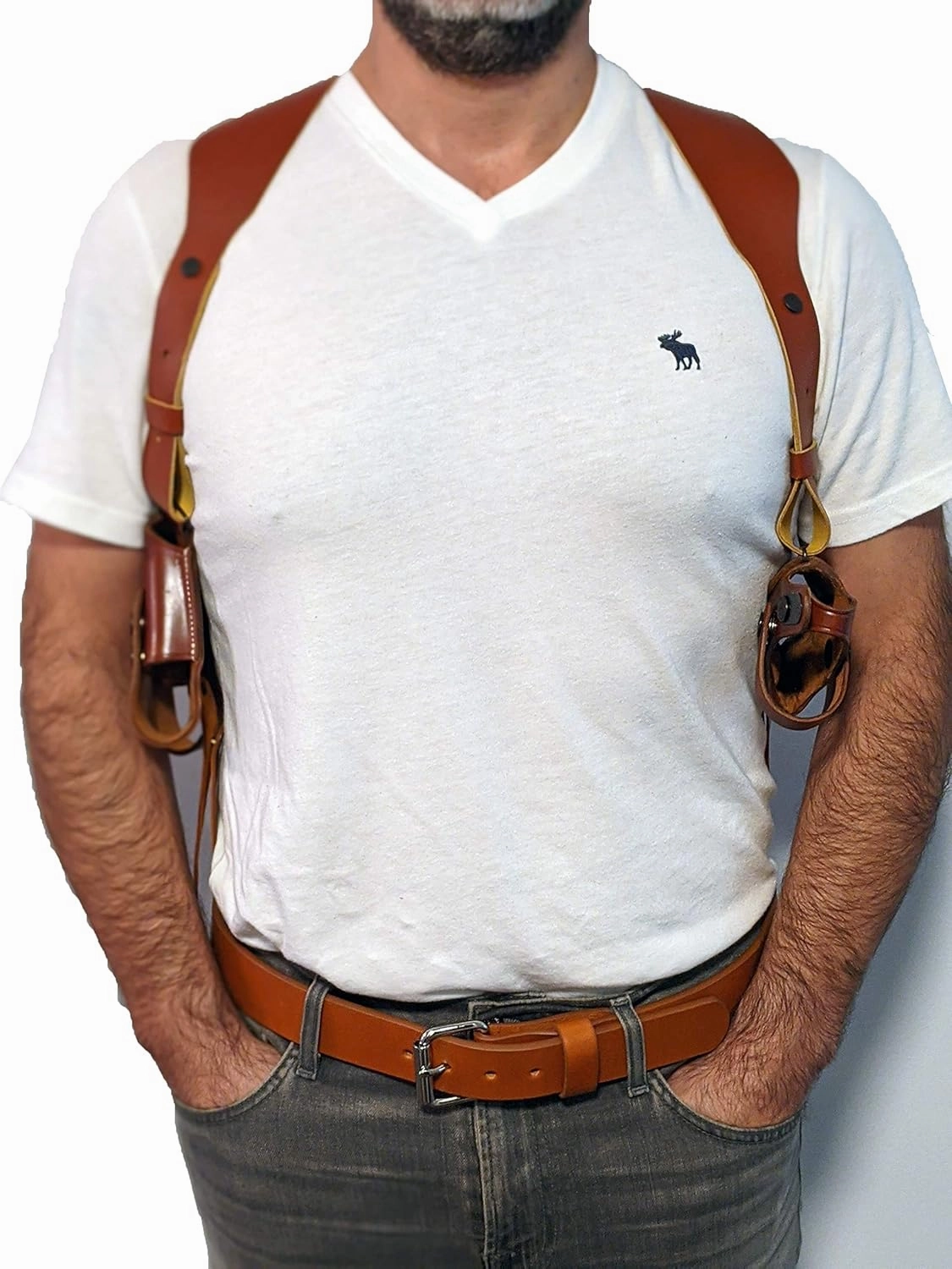 Leather Horizontal Shoulder Holster System with Double Magazine Carrier for Glock 17/19/22/23/31/32/34 – Right Hand Draw, 15-Round Mag Capacity, Adjustable Shoulder Straps, Tactical Gun Holster