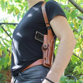 Leather Vertical Shoulder Holster System with Double Magazine Carrier for Springfild 1911 Emissary .45 ACP Non-Railed 4.25" Barrel, Right Hand Draw, Brown Color #1671#