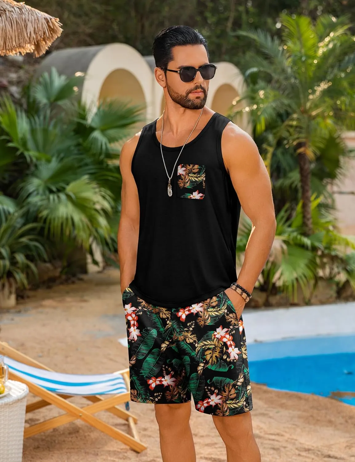 LecGee Men's Hawaiian Sleeveless Tracksuit Summer Tank top & Shorts set Aloha Tropical Two Piece Casual Daily Beach