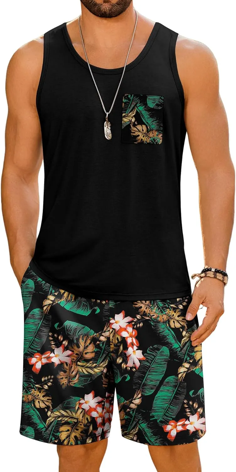 LecGee Men's Hawaiian Sleeveless Tracksuit Summer Tank top & Shorts set Aloha Tropical Two Piece Casual Daily Beach