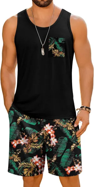 LecGee Men's Hawaiian Sleeveless Tracksuit Summer Tank top & Shorts set Aloha Tropical Two Piece Casual Daily Beach