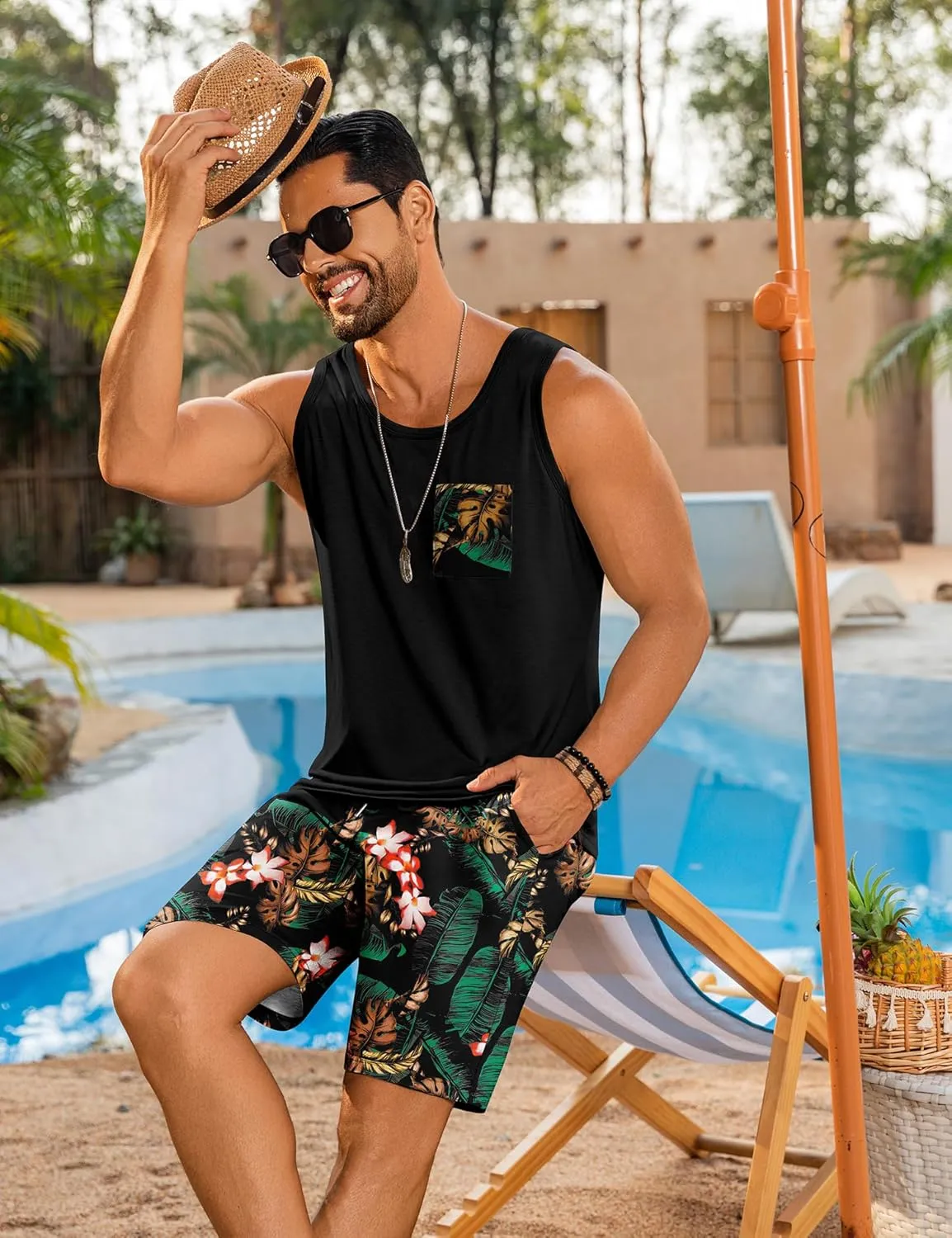 LecGee Men's Hawaiian Sleeveless Tracksuit Summer Tank top & Shorts set Aloha Tropical Two Piece Casual Daily Beach