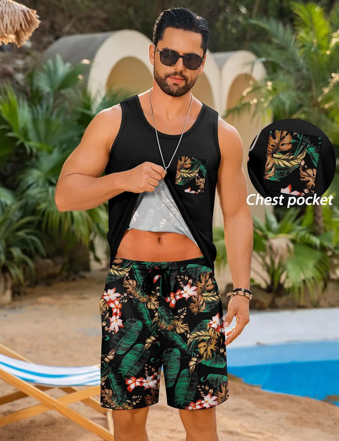 LecGee Men's Hawaiian Sleeveless Tracksuit Summer Tank top & Shorts set Aloha Tropical Two Piece Casual Daily Beach
