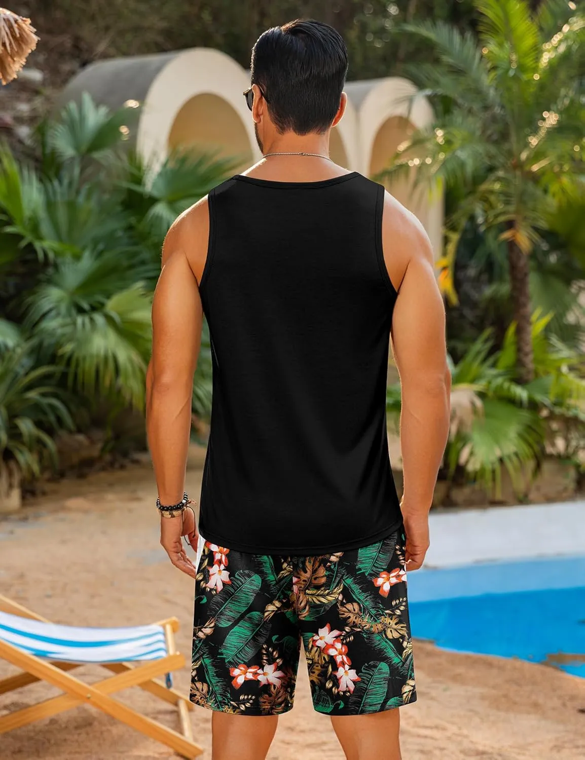LecGee Men's Hawaiian Sleeveless Tracksuit Summer Tank top & Shorts set Aloha Tropical Two Piece Casual Daily Beach