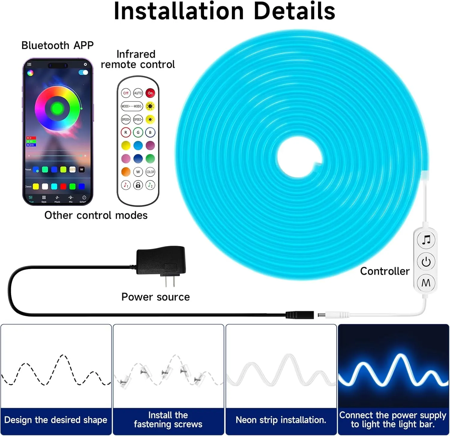 LED Neon Rope Lights, 32.8ft RGB LED Light Strip, 24V Music Sync App/Remote Control DIY Rope Light, IP67 Waterproof Gaming LED Neon Strip Lights for Bedroom Indoor Oudoor Décor