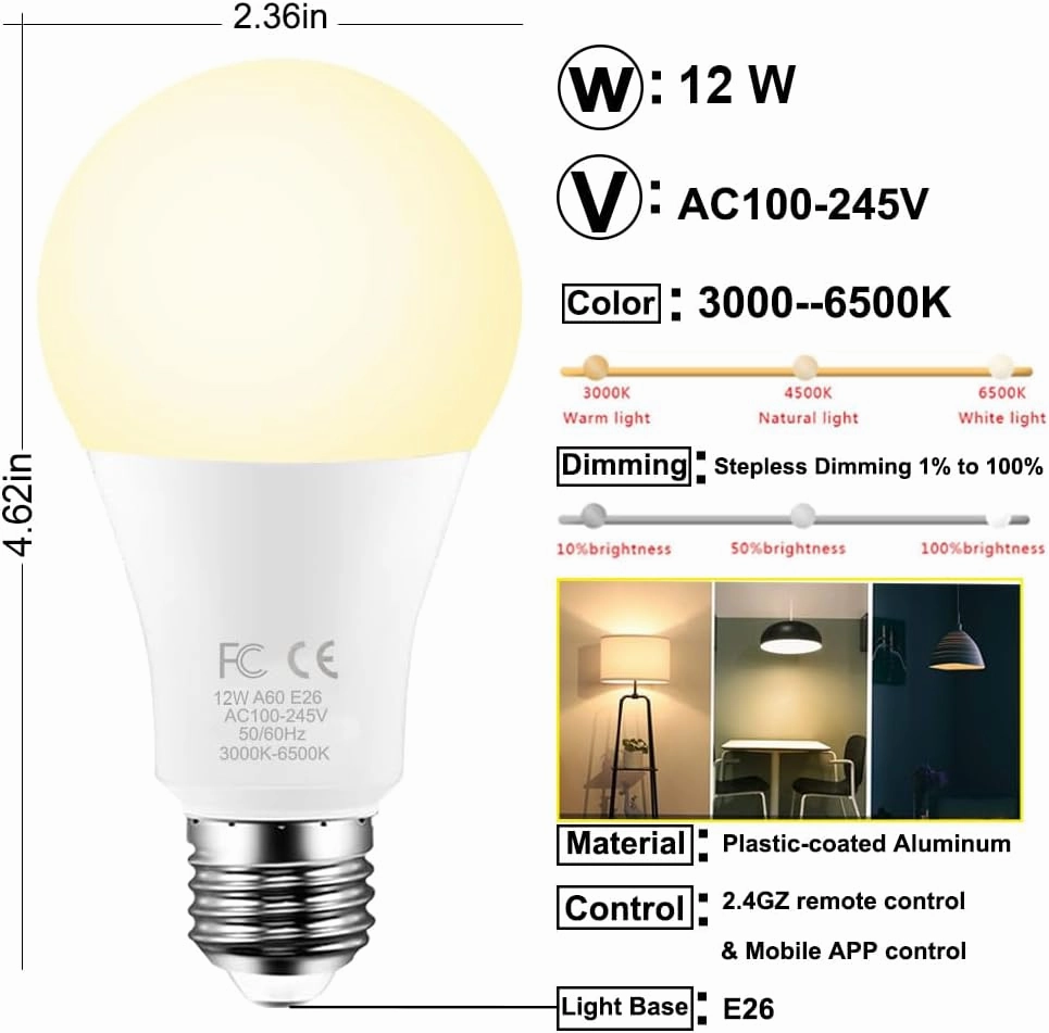LED Bulb with a 2.4GHz Remote Control, A60 12W Color Changing Smart Light Bulb for Lamp, Bderoom, Mood Soothing,12W 1000lm,60W Equivalent,Dimmable 1% to 100% 3000-6500K,2 Bulb & Remote