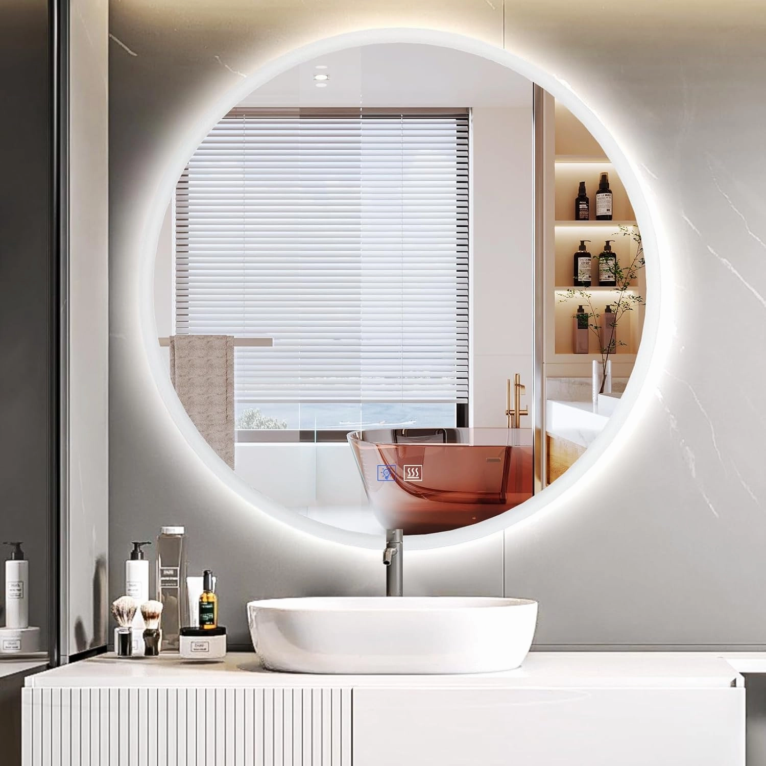 Led Mirror for Bathroom 32 Inch, Fog Edge Anti-Fog Backlit Vanity Bathroom Mirror with Lights, Smart Touch, Dimmable 3 Color Modes, Shatter-Proof, Round Wall Mount