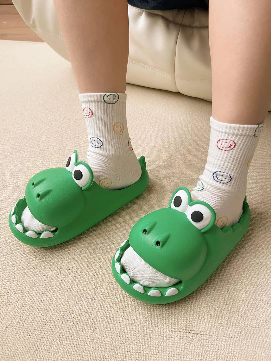 LELEBEAR Dinosaur Slippers for Women Man, Eva Novelty Open Toe Slides, Casual Beach Shoes Spa Sandals Indoor Outdoor with Beige Socks