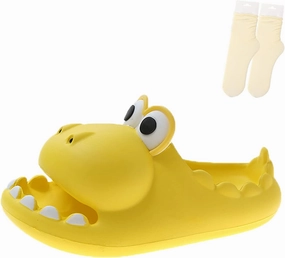 LELEBEAR Dinosaur Slippers for Women Man, Eva Novelty Open Toe Slides, Casual Beach Shoes Spa Sandals Indoor Outdoor with Beige Socks