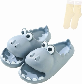 LELEBEAR Dinosaur Slippers for Women Man, Eva Novelty Open Toe Slides, Casual Beach Shoes Spa Sandals Indoor Outdoor with Beige Socks