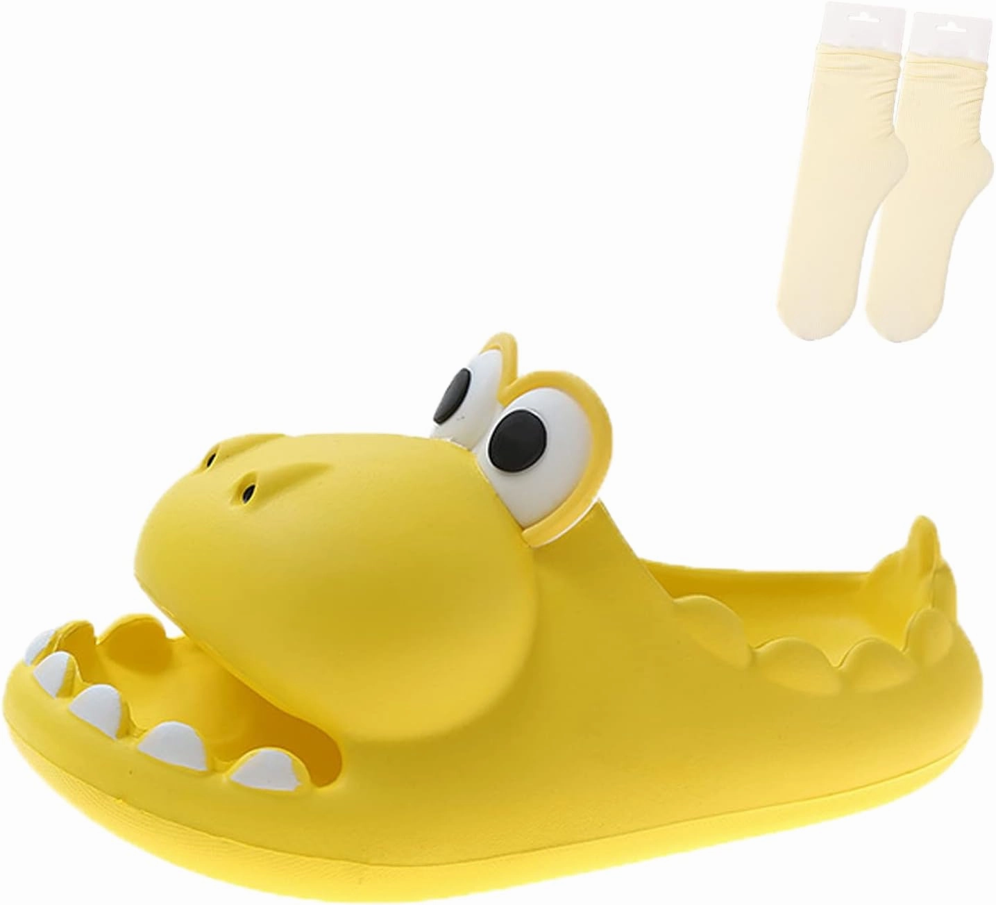 LELEBEAR Dinosaur Slippers for Women Man, Eva Novelty Open Toe Slides, Casual Beach Shoes Spa Sandals Indoor Outdoor with Beige Socks