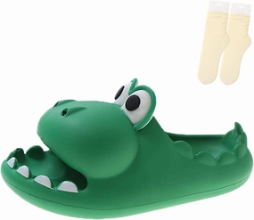 LELEBEAR Dinosaur Slippers for Women Man, Eva Novelty Open Toe Slides, Casual Beach Shoes Spa Sandals Indoor Outdoor with Beige Socks