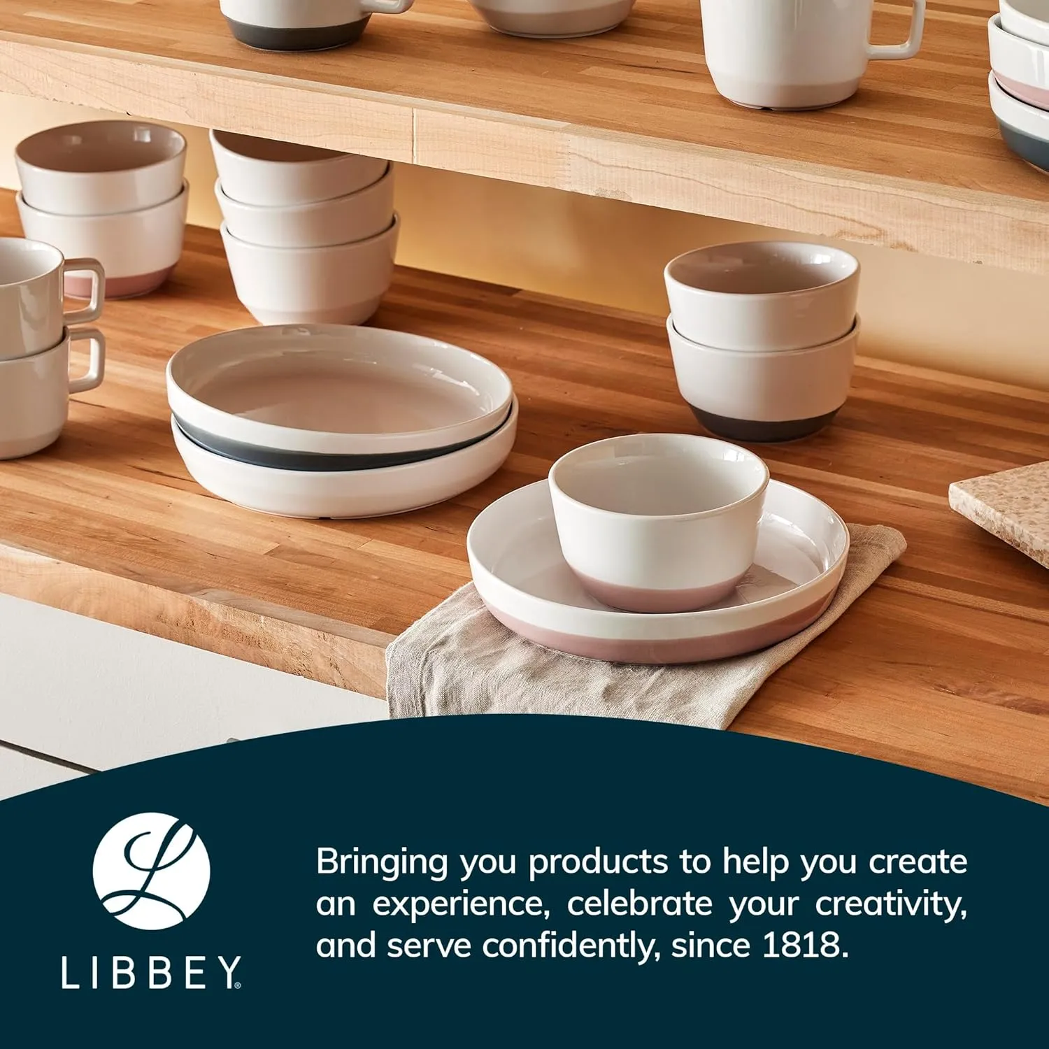 Libbey Austin Basalt Blue Porcelain Coffee Mugs, Modern Colorblocked Large Coffee Mugs Set of 4, Stackable Ceramic Mug Set for Holidays, Daily Use