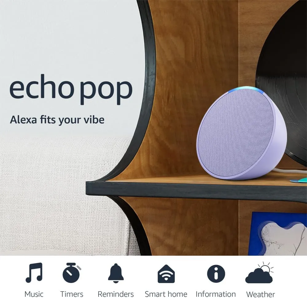 Like-New Amazon Echo Pop (newest model), Our smallest Alexa speaker, Fits in any room, Lavender Bloom