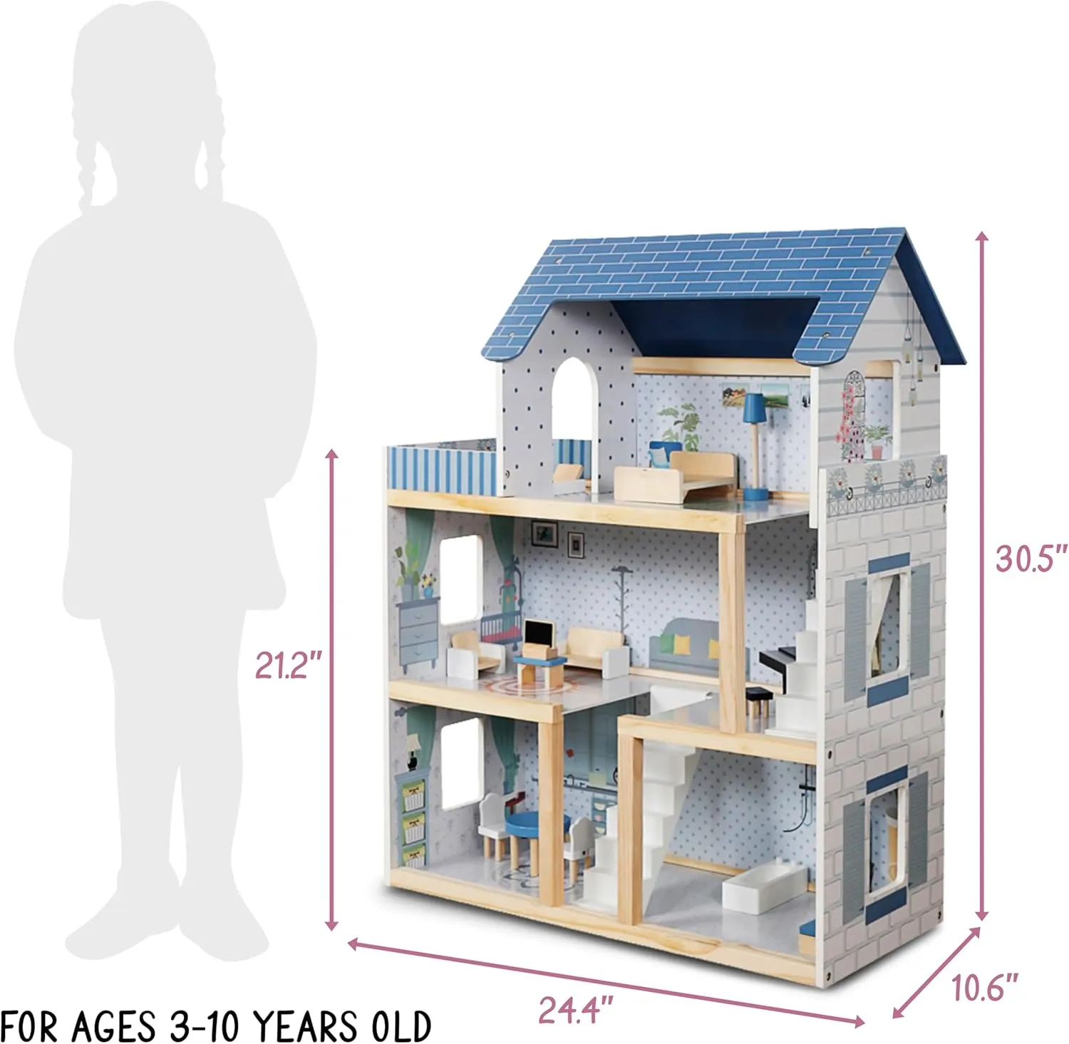 Lil' Jumbl Kids Wooden Dollhouse, 17-Piece Accessories & Furniture are Included, with Balcony & Stairs, 3 Story Easy to Assemble Doll House Toy - Blue