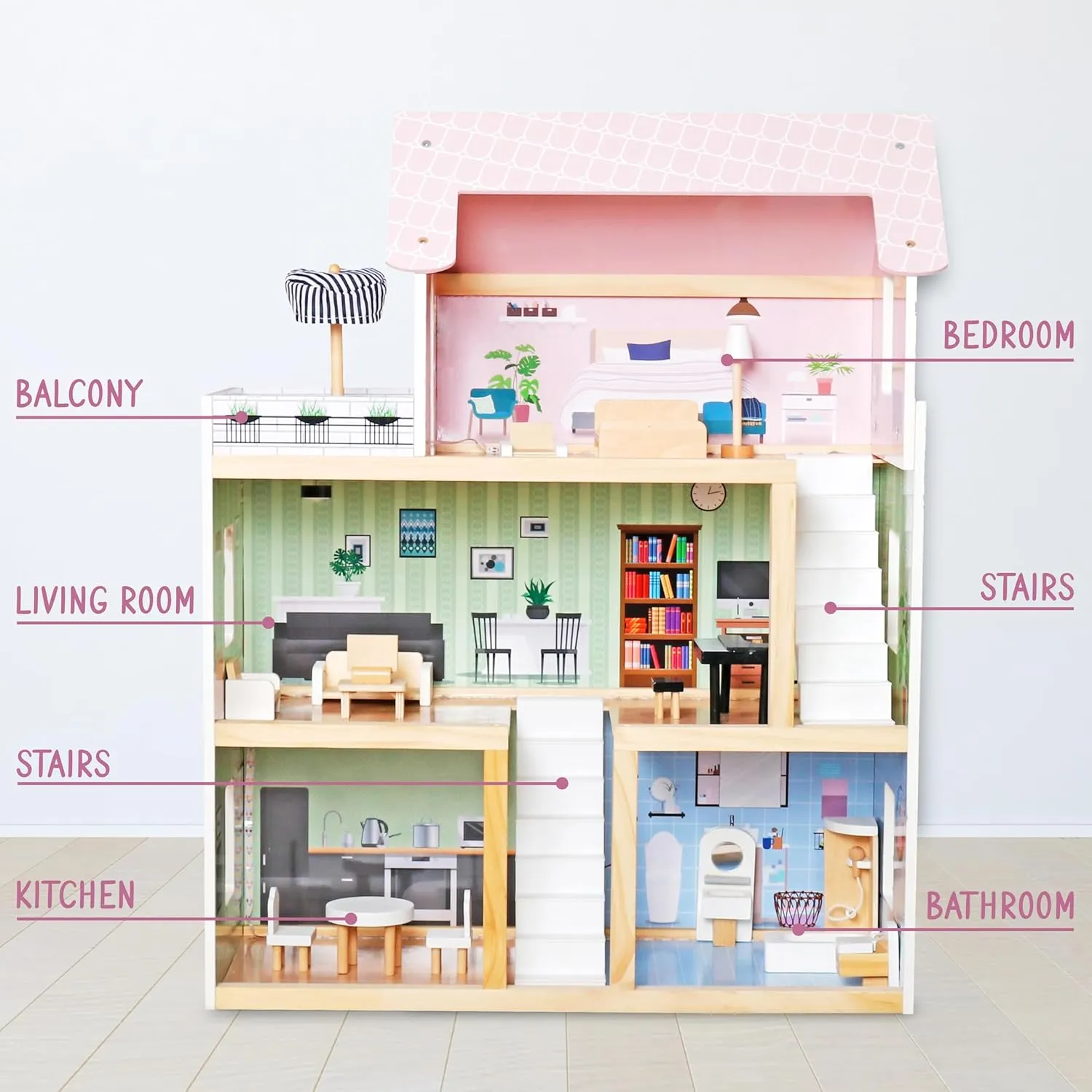 Lil' Jumbl Kids Wooden Dollhouse, 17-Piece Accessories & Furniture are Included, with Balcony & Stairs, 3 Story Easy to Assemble Doll House Toy - Pink