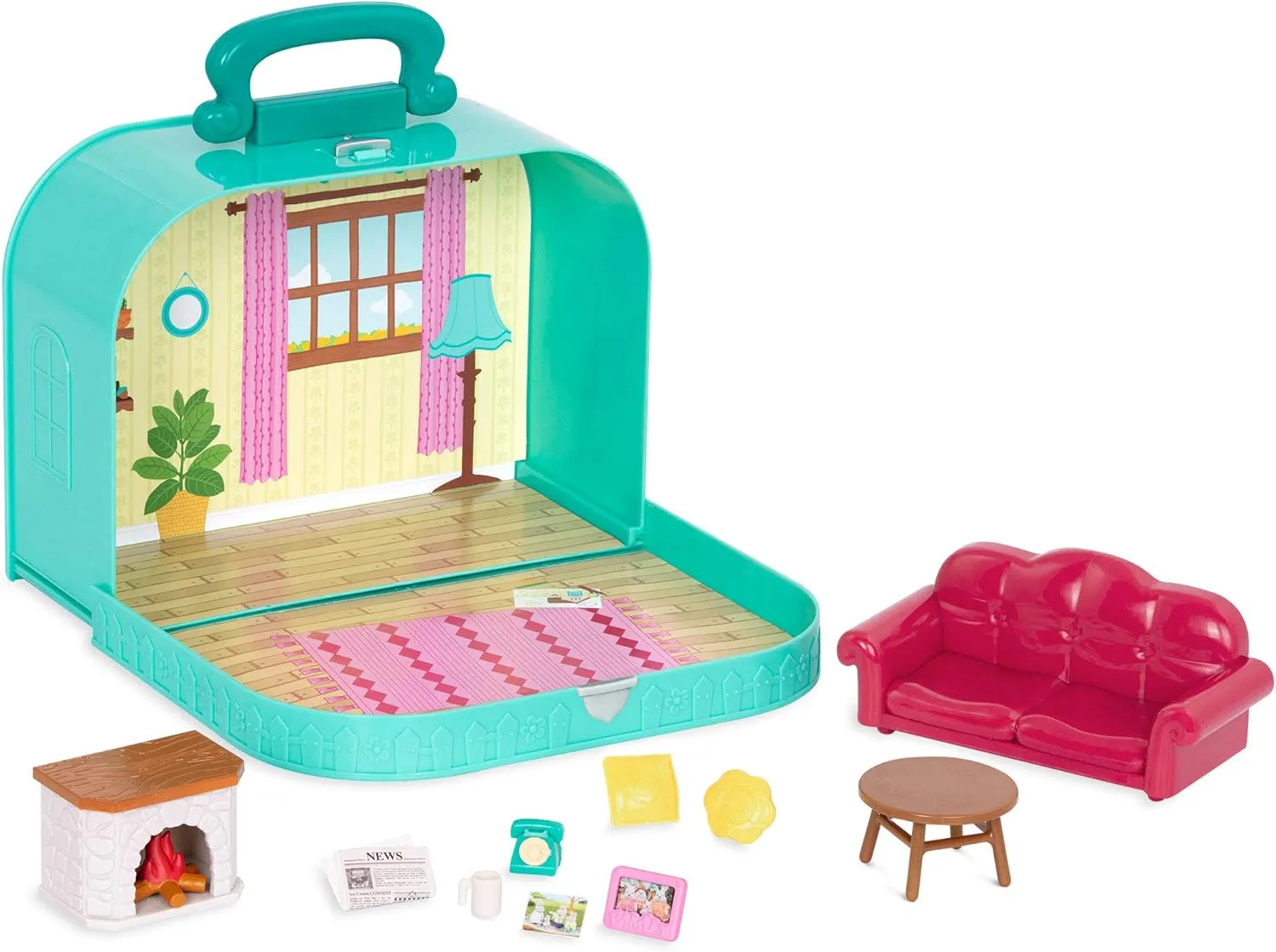 Li’l Woodzeez – Living Room Playset – Travel Toy – Compact Travel Suitcase – Dollhouse Furnitures & Accessories Included – Pretend Play for Kids Age 3 