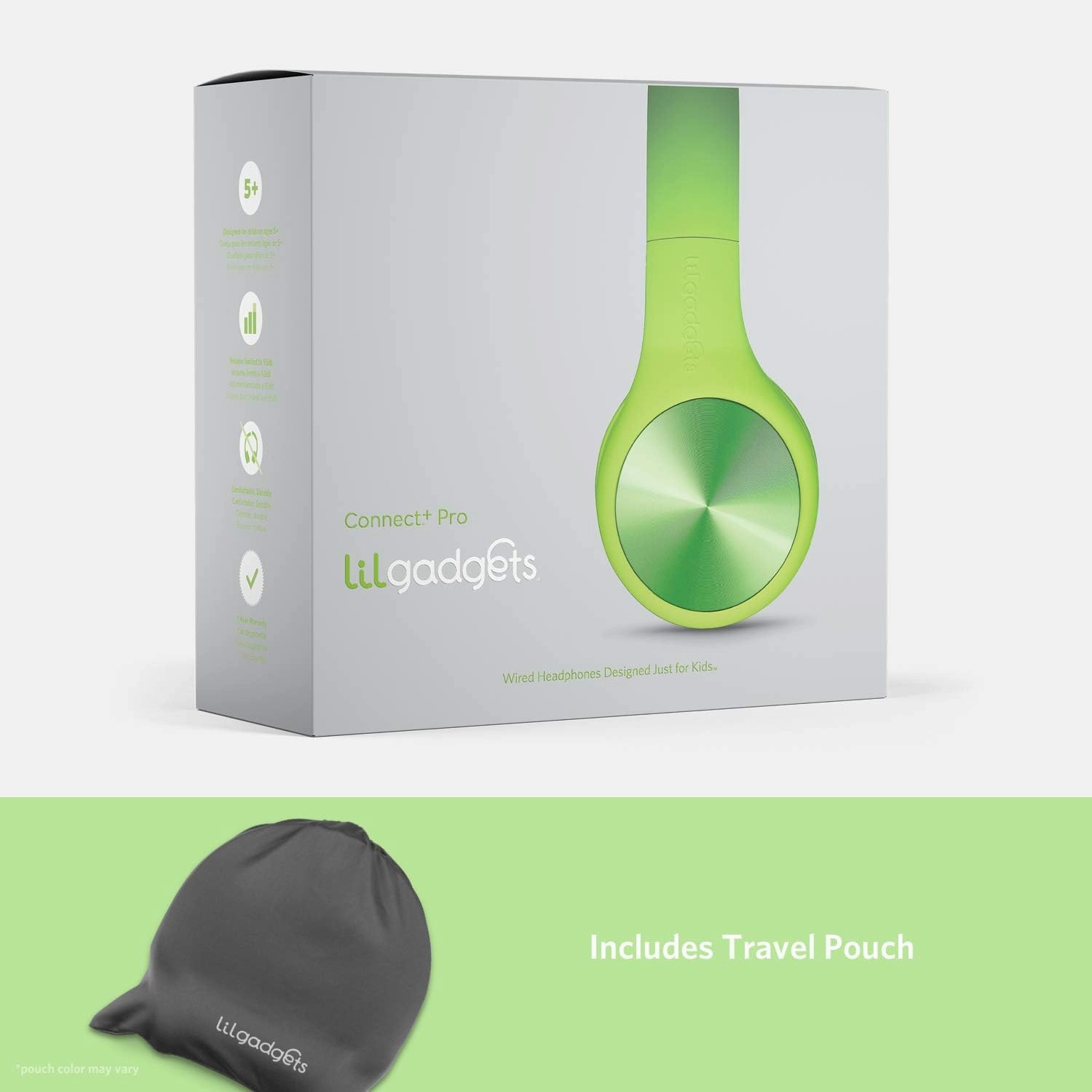 LilGadgets Connect  Pro Wired Kids Headphones for School w/Microphone, Volume Limiting & Noise Reduction Over-Ear Headset w/Cord, SharePort Technology & SoftTouch Padding, Green Headphones for Kids