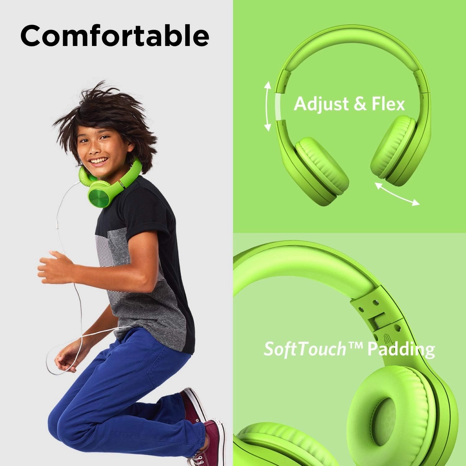 LilGadgets Connect  Pro Wired Kids Headphones for School w/Microphone, Volume Limiting & Noise Reduction Over-Ear Headset w/Cord, SharePort Technology & SoftTouch Padding, Green Headphones for Kids