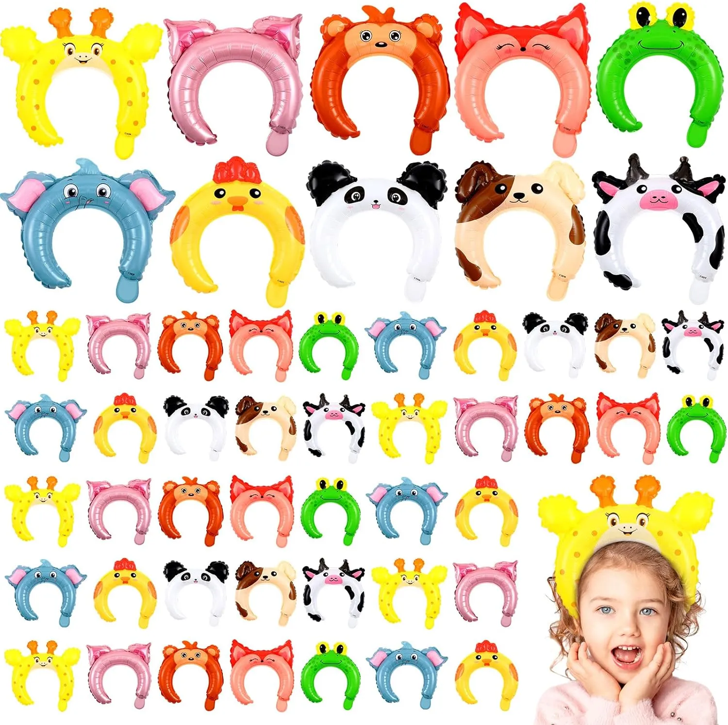 Liliful 200 Pcs Zoo Animal Inflatable Headbands Unicorn Wildlife Safari Balloon Hair Hoop Unicorn Balloon Kit with Pump Inflatable Jungle Animals for Birthday Party Favors Decorations