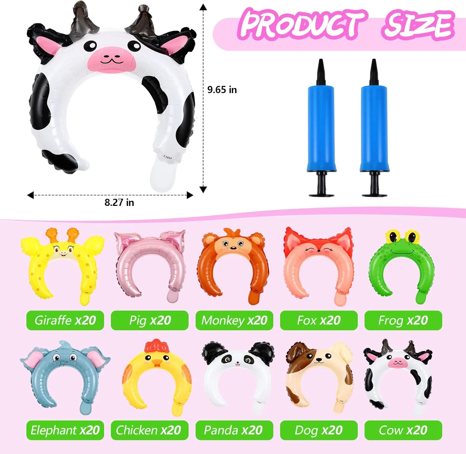 Liliful 200 Pcs Zoo Animal Inflatable Headbands Unicorn Wildlife Safari Balloon Hair Hoop Unicorn Balloon Kit with Pump Inflatable Jungle Animals for Birthday Party Favors Decorations