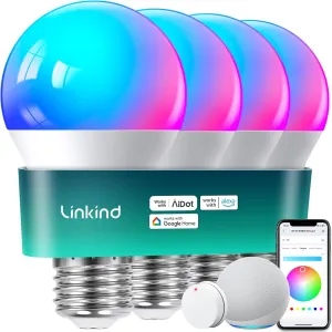 Linkind Smart Light Bulbs with Remote Control, Smart Bulb That Work with Alexa & Google Home, 16 Million Color Changing Light Bulbs 60W, A19 E26 2.4Ghz WiFi Light Dimmable,1800K-6500K,800lm 4 Pack