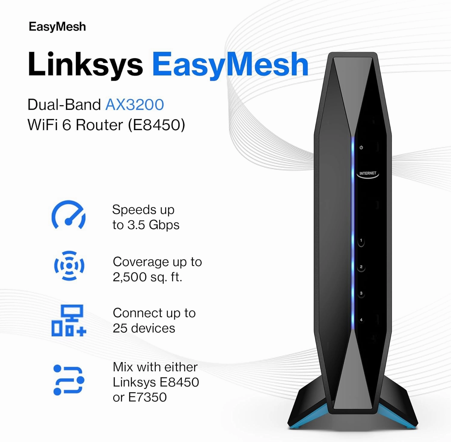 Linksys E8450 AX3200 WiFi 6 Router: Dual-Band Wireless Home Network, 4 Gigabit Ethernet Ports, Parental Controls, 3.2 Gbps, 2,500 sq ft, 25 Devices