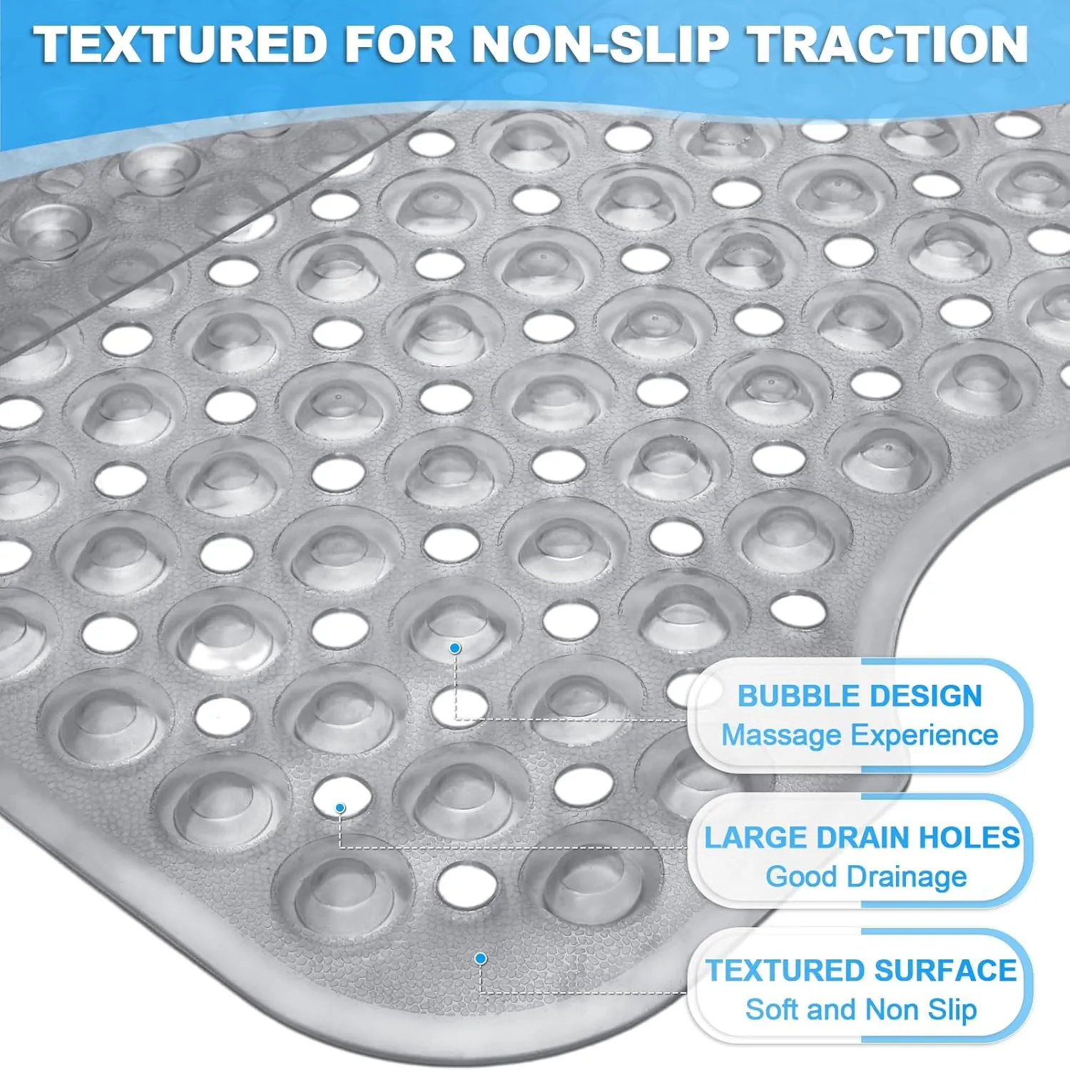 Linoows Bathtub and Shower Mats, 40x16 Inch Extra Large Non Slip Soft Bath Tub Mat with Suction Cups and Drain Holes for Bathroom Floor and Keep Tubs Clean, Machine Washable, Clear Gray