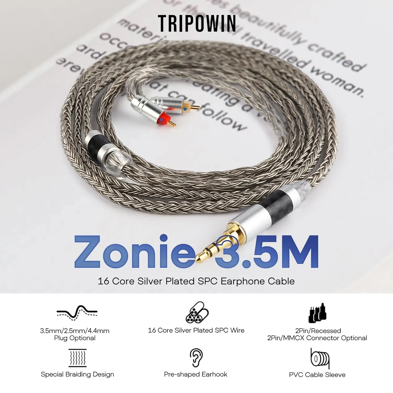 Linsoul Tripowin Zonie IEM Cable, 16 Core Silver Plated Earphone Upgraded Cords, 1.25m SPC in Ear Monitor Cable for 7hz Zero:2 Orchestra Lite Cadenza Hype4 Supermix4(2pin 0.78mm, 3.5mm)(Grey)