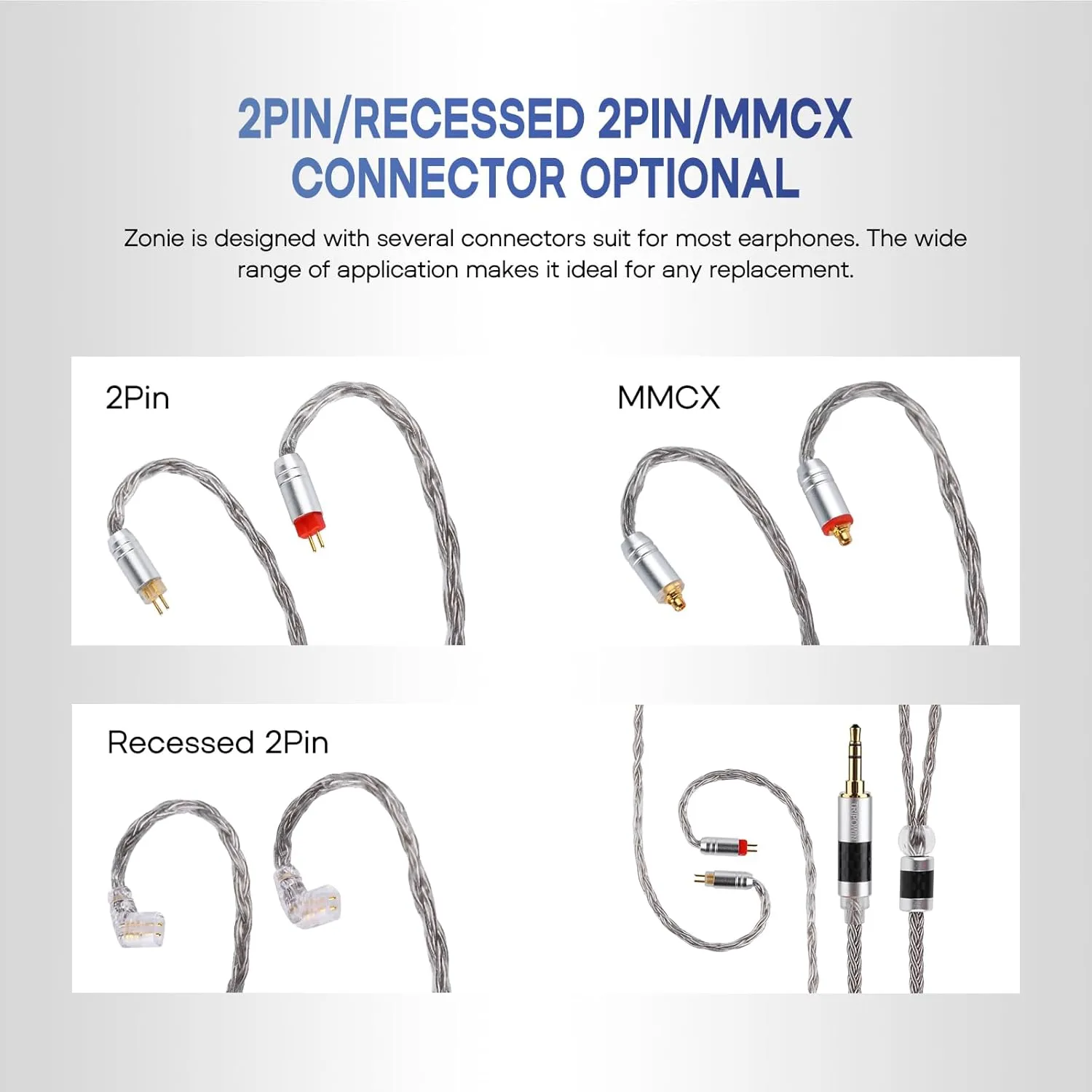 Linsoul Tripowin Zonie IEM Cable, 16 Core Silver Plated Earphone Upgraded Cords, 1.25m SPC in Ear Monitor Cable for 7hz Zero:2 Orchestra Lite Cadenza Hype4 Supermix4(2pin 0.78mm, 3.5mm)(Grey)