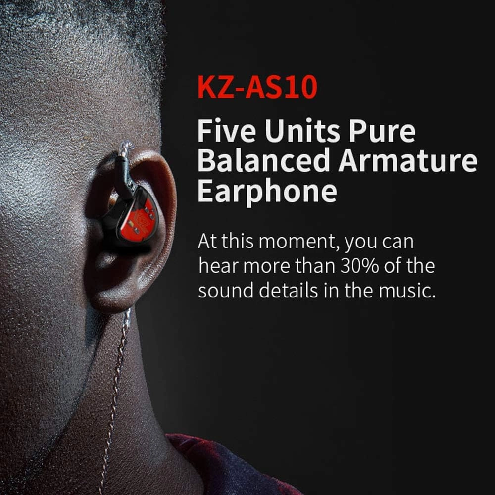 Linsoul KZ AS10 5BA HiFi Stereo in-Ear Earphone High Resolution Earbud Headphone with 0.75mm 2 pin Cable, Five Balanced Armature Drivers, Noise Cancelling(Without Mic, Black)