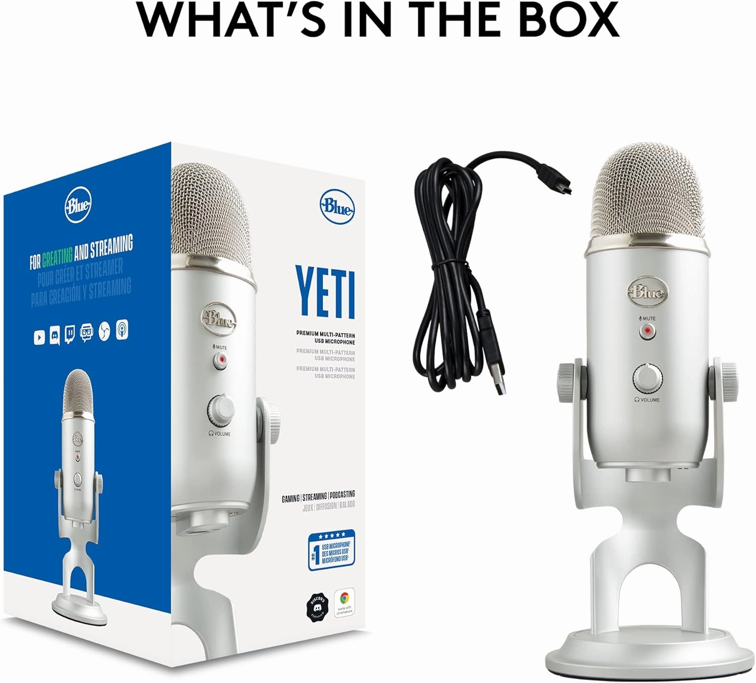 Logitech for Creators Blue Yeti USB Microphone for Gaming, Streaming, Podcasting, Twitch, YouTube, Discord, Recording for PC and Mac, 4 Polar Patterns, Studio Quality Sound, Plug & Play-Silver