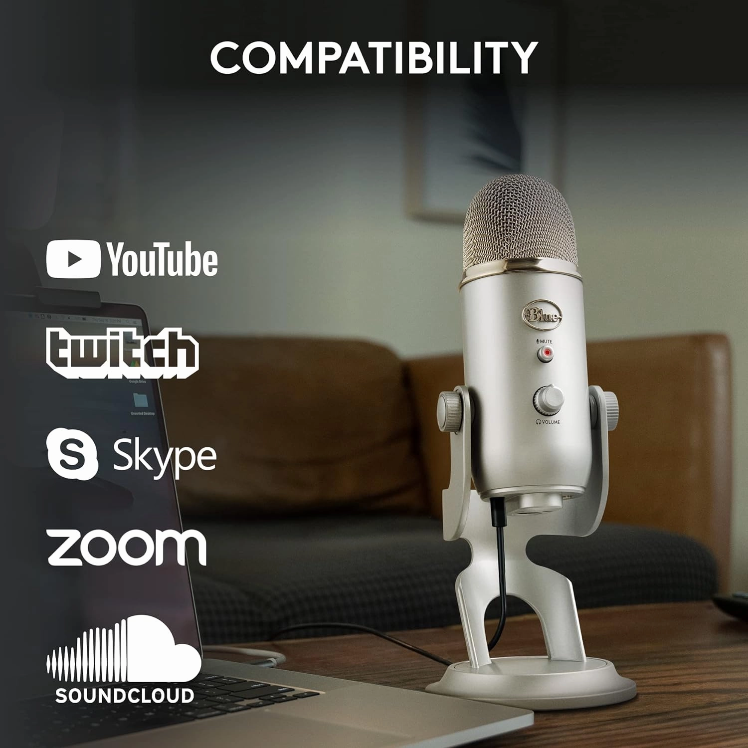 Logitech for Creators Blue Yeti USB Microphone for Gaming, Streaming, Podcasting, Twitch, YouTube, Discord, Recording for PC and Mac, 4 Polar Patterns, Studio Quality Sound, Plug & Play-Silver