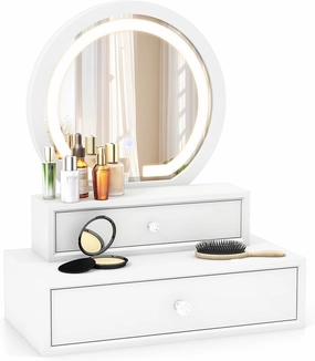 LOKO Vanity Mirror with Lights, White Tabletop Lighted Mirror with 2 Drawers, 3 Lighting Modes & Adjustable Brightness, Smart Touch Control, Desktop Makeup Mirror for Bedroom, Dressing Room, White