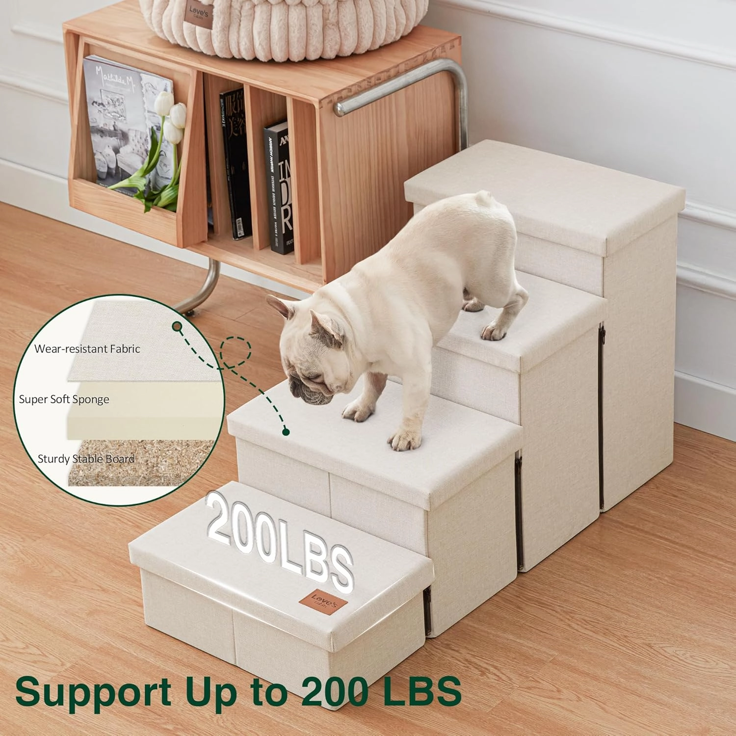 Love's cabin Dog Stairs for Small Medium or Large Dogs with Storage and Adjustable Steps, Foldable Pet Steps for Bed or Couch, 4-Step Beige Folding Cat Ramp with Zip up to 200 lbs,Beige